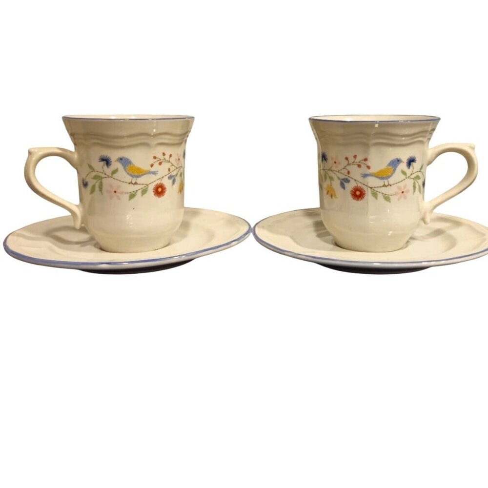 Vtg BrickOven Stoneware Mugs & saucer set 4pc  Heritage Pattern Birds  Flowers